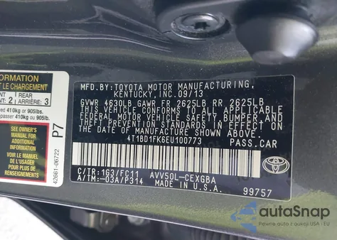 2014 Toyota Camry Hybrid Xle z USA, uszkodzony, nr VIN 4T1BD1FK6EU100773